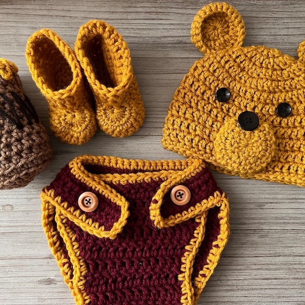 Pooh Newborn Photoshoot Outfit Handmade Crochet Hat  Diaper Cover Booties Hunny Pot Prop