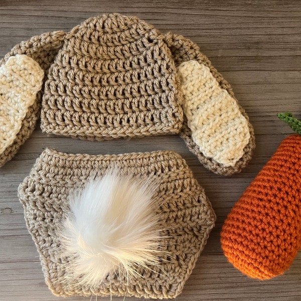 Bunny Newborn Photoshoot Outfit Handmade Crochet Boy Girl Hat Diaper Cover Carrot Prop Easter