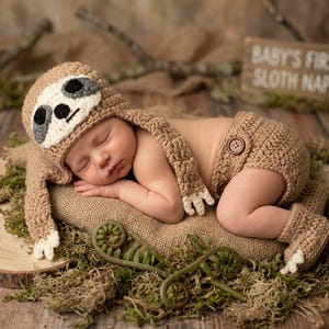 Sloth Newborn Photoshoot Outfit Handmade Crochet Hat  Diaper Cover Booties