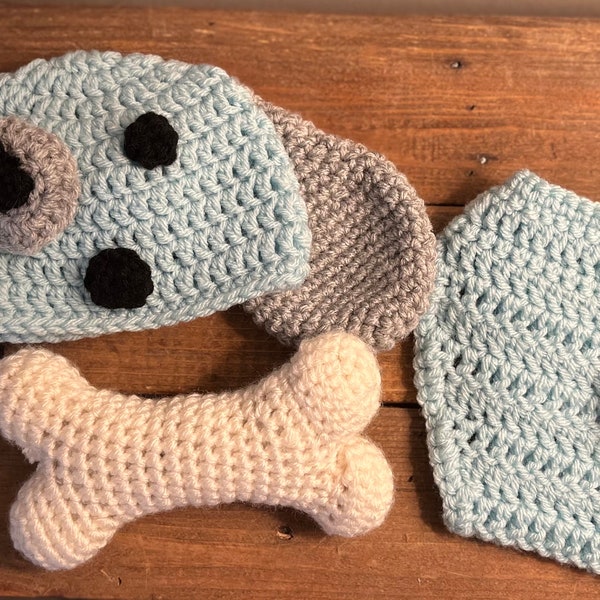 Puppy Newborn Photoshoot Outfit Handmade Crochet Hat  Diaper Cover Bone Prop