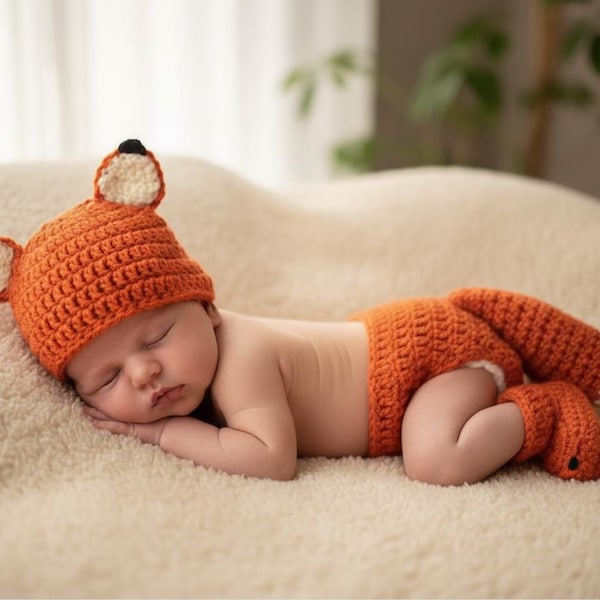 Fox Newborn Photoshoot Outfit Handmade Crochet Hat  Diaper Cover Booties