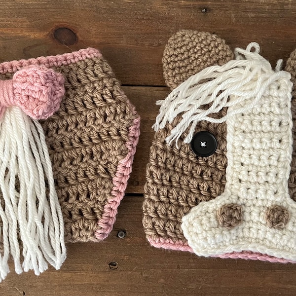 Horse  Newborn Photoshoot Outfit Handmade Crochet Baby Girl Hat Diaper Cover
