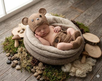 Bear Newborn Photoshoot Outfit Handmade Crochet Hat  Diaper Cover Booties