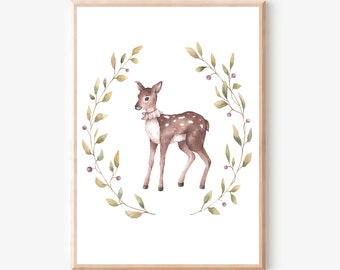 Woodland Nursery Deer Wall Art Prints Printable Wall Art, Nursery Wall Decor, Watercolor Painting, Baby Animal Print