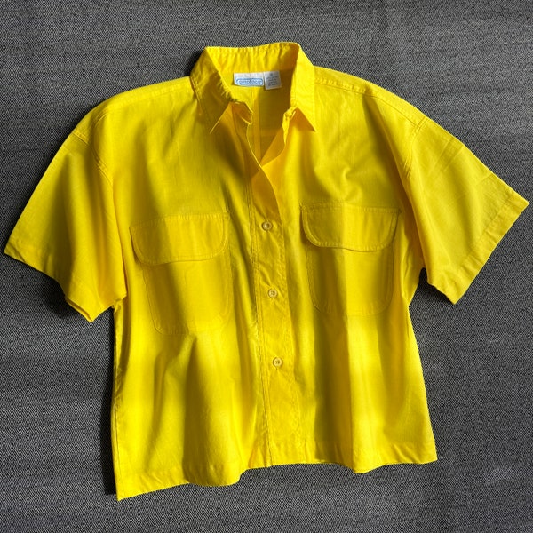 Boxy Shirt Yellow Blouse Pinot Noir Vintage 90s Women's Button Down Top Oversized Small to Medium