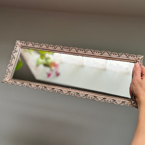 Wall Mirror or Vanity Tray, Jewelry Makeup Perfume Trinket Display, Vintage Ornate Whitewashed Metal Decor, 16 x 6 Inch Rectangular