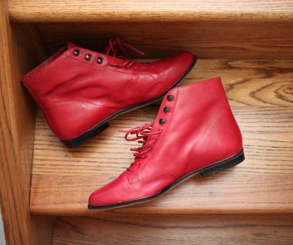 Vintage 9 West Ankle Granny Booties, Red Leather,