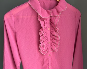 Sheer Pink Blouse Ruffled Collar Women's Vintage Button Up Shirt Top