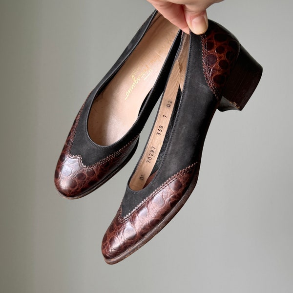 Two Tone Leather Wingtip Shoes, Black Suede Brown Leather, Vintage Salvatore Ferragamo Women's Low Heel Pumps Size 7 Narrow