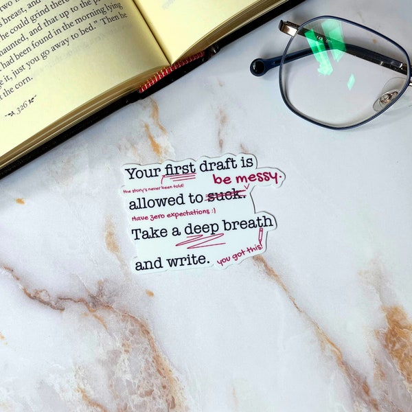 First Draft Writer Quote Waterproof Vinyl Sticker | Gifts for Writers and Authors | Laptop, Tablet, Water Bottle Decals