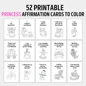 52 afdrukbare PRINCESS positieve affirmatiekaarten om in te kleuren voor kinderen, motiverende kleurkaarten voor kinderen, kinderpositiviteit, aanmoediging