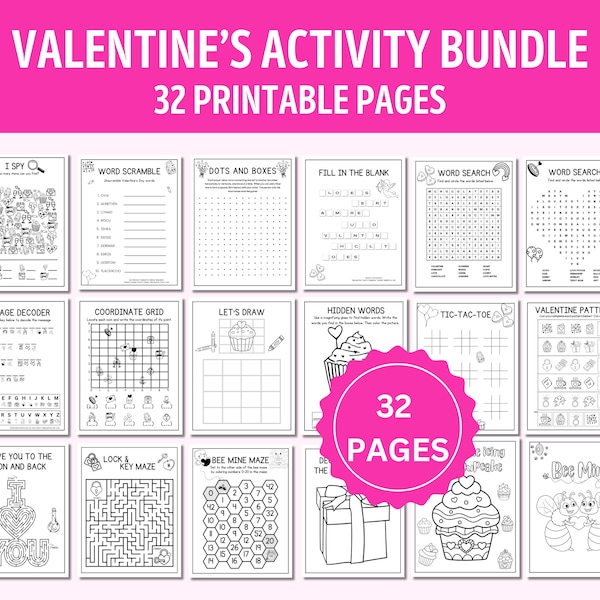 32 Valentine's Day Printable Activity Bundle for Kids | Valentines Coloring, Kids Valentine's Day, I Spy Game, Word Search Game, Tic tac toe