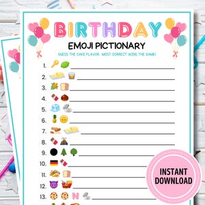 Jeu de Pictionary Emoji Anniversaire | Jeu d'anniversaire imprimable en téléchargement numérique | Emoji au goût de gâteau d'anniversaire pour enfants et adultes | Jeu de société