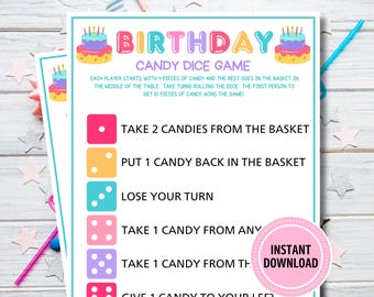 Op de afbeelding: Een kleurrijk, printbaar spelvel met een verjaardagsthema. De tekst luidt "Birthday Candy Dice Game" met instructies en dobbelsteen gerelateerde acties. Bevat een roze cirkel met de tekst "Instant Download".