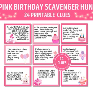 Pistas de búsqueda del tesoro de cumpleaños rosa / Tarjeta de búsqueda del tesoro de cumpleaños para niños / Acertijos de búsqueda del tesoro de cumpleaños / Pistas divertidas de búsqueda del tesoro de cumpleaños