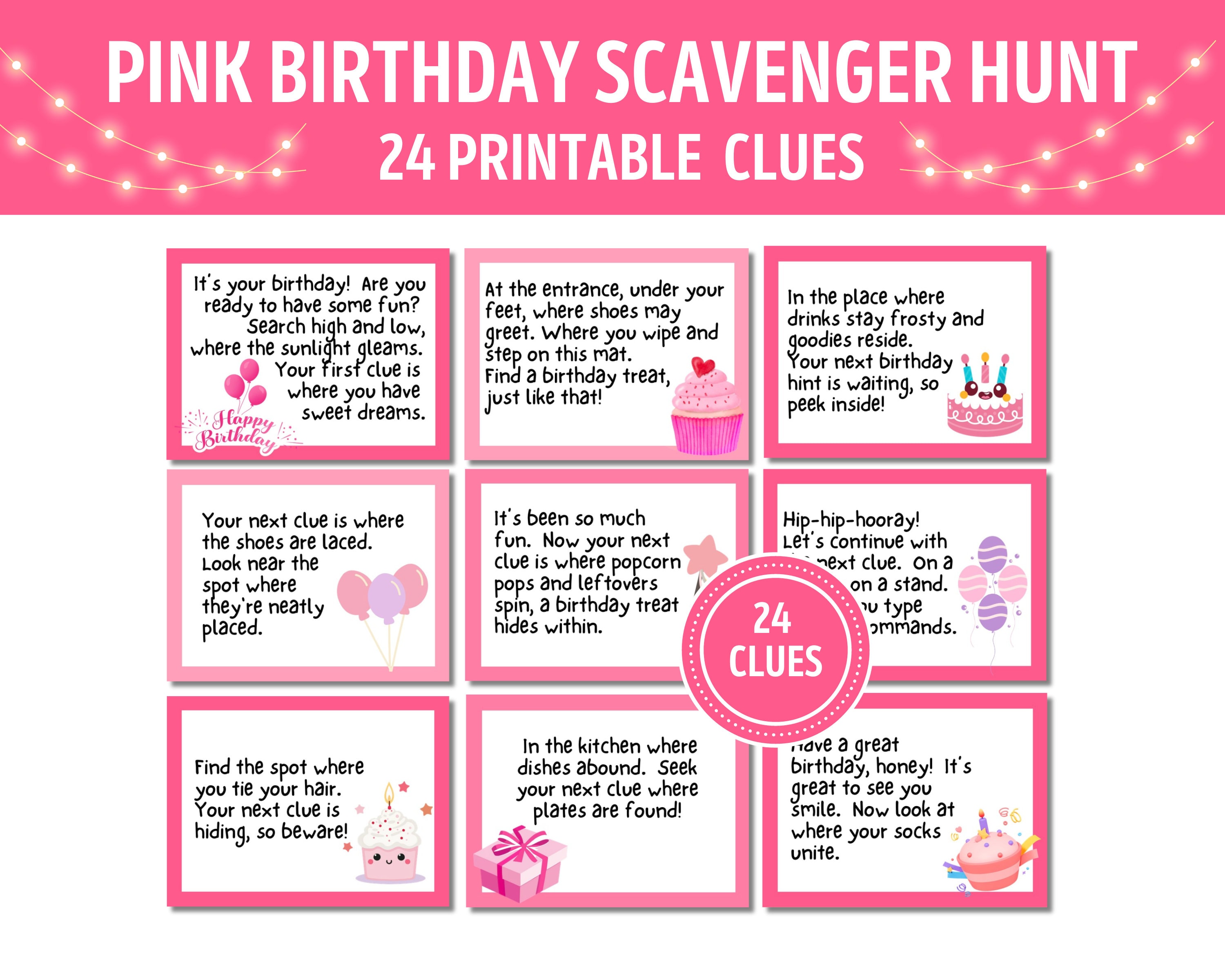 Pink Birthday Scavenger Hunt Clues | Kids Birthday Scavenger Hunt Card | Birthday Scavenger Hunt Riddles | Fun Birthday Treasure Hunt Clues