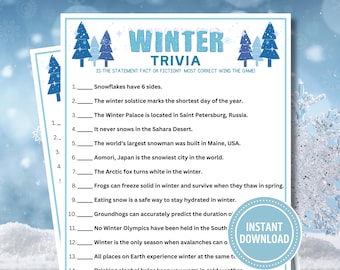 May include: A printable winter trivia game with 14 questions about winter facts. The questions are written in black text on a white background with a blue border. The background image is a winter scene with snowflakes.