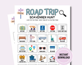 May include: A printable road trip scavenger hunt game with a magnifying glass icon and a list of items to find, including a suitcase, gas station, rest area, stop sign, speed limit sign, park bench, state sign, bus, statue, firetruck, bus station, GPS, sunglasses, billboard, under construction sign, post office, bridge, and ambulance.
