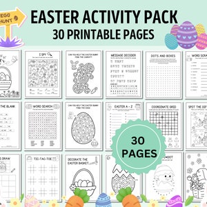 Puede incluir: Un paquete de actividades de Pascua imprimible con 30 páginas de juegos y actividades para niños. El paquete incluye una búsqueda de palabras, un laberinto, un punto a punto y mucho más. Las páginas son en blanco y negro y están listas para imprimir y colorear.