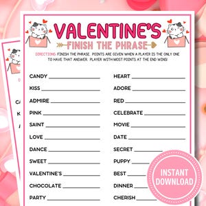 Valentine&#39;s Finish The Phrase Game | Printable Valentine Game Digital Download | Valentine&#39;s Game for Kids and Adults | Galentine Printables