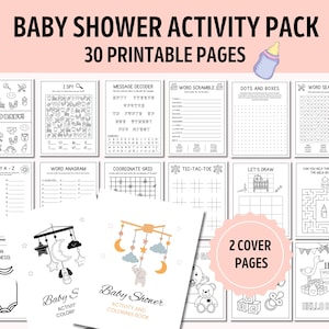 Zestaw aktywności do druku na baby shower dla dzieci | Gry do pobrania w wersji cyfrowej | Kolorowanka na baby shower I Spy Game, wyszukiwanie słów, labirynty, I Spy, anagram