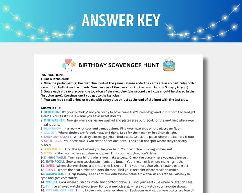Birthday Scavenger Hunt Clues Kids Birthday Scavenger Hunt Cards丨 ...