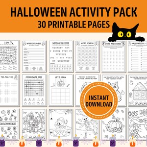 May include: A printable Halloween activity pack with 30 pages of games and activities for kids. The pack includes a variety of activities such as word searches, dot-to-dot, mazes, and coloring pages. The pack is perfect for keeping kids entertained during the Halloween season.