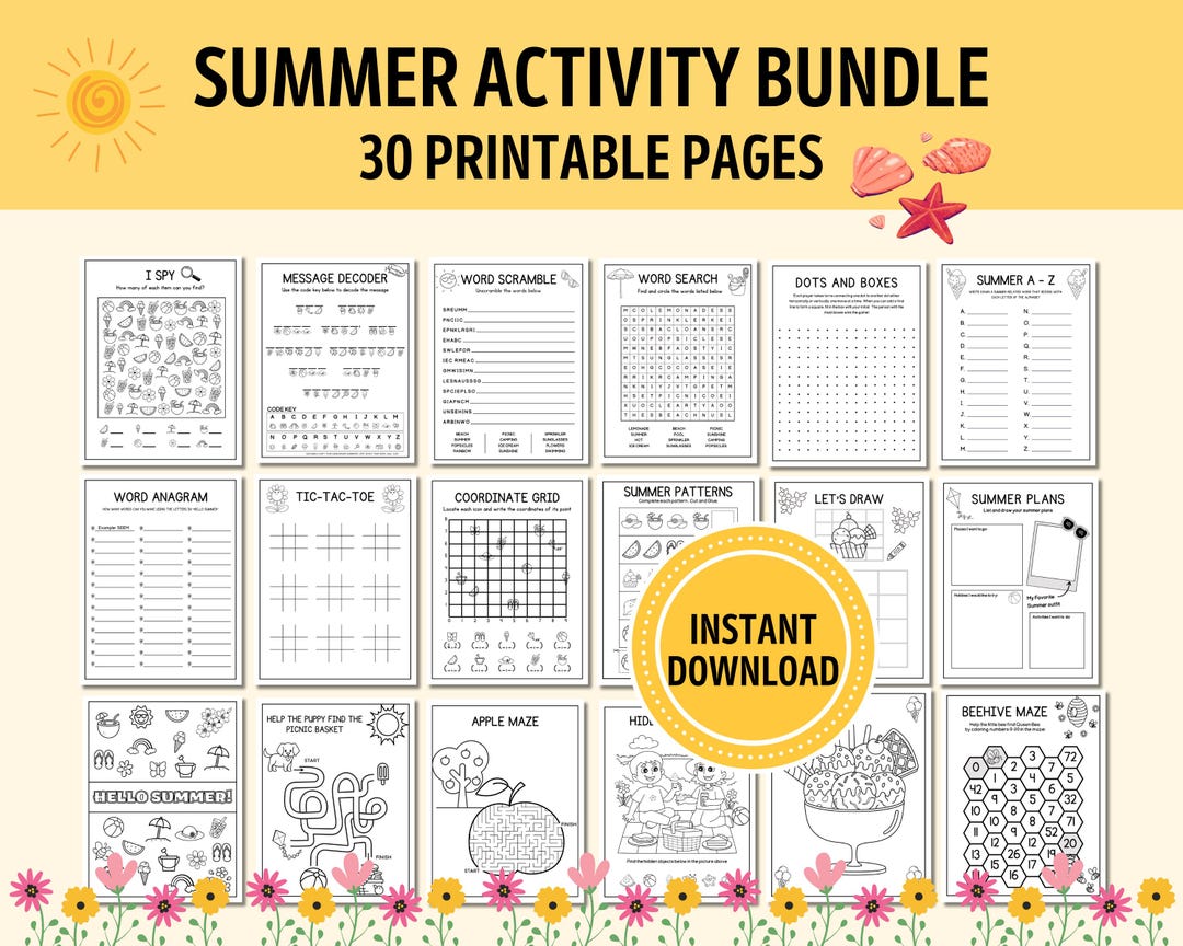 30 Summer Kids Activities | Printable Activity Bundle | Summer Coloring ...