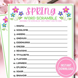 May include: A printable spring-themed word scramble game with a pink background and green borders. The game features 13 words to unscramble, each with a corresponding number. The words are related to spring and include words like "flowers", "sunshine", and "rain". The game also includes a pink circle with the text "INSTANT DOWNLOAD" in white.