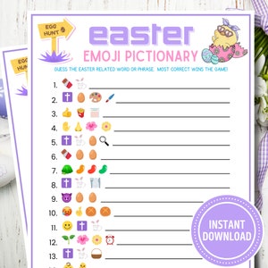 May include: Printable Easter Emoji Pictionary game with a purple background and a cartoon chick in an egg. The game includes 13 questions with emojis to guess the Easter related word or phrase. The text "INSTANT DOWNLOAD" is in a purple circle.