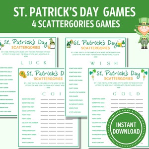 May include: Four printable St. Patrick's Day Scattergories game cards with green shamrock and leprechaun illustrations. Each card features a different letter and a list of categories to fill in with words that start with that letter.