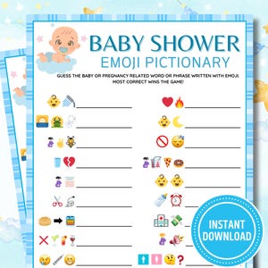 Pictionary-spel babyjongenshower emoji | Afdrukbare babyshowergames | Babyshowerspel voor volwassenen, tieners en kinderen | Geslachtsbepaling | Aanstaande moeder