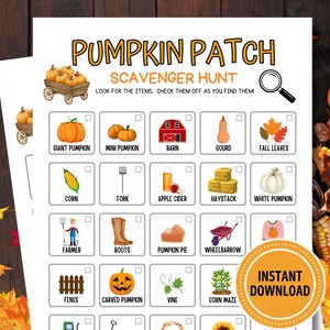 Pode incluir: Um jogo imprimível de Caça ao Tesouro da Abóbora com ilustrações de abóboras, um celeiro e outros itens com tema de outono. O texto "Pumpkin Patch Scavenger Hunt" está no topo, com "Instant Download" em um distintivo circular.