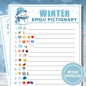 May include: A printable winter-themed emoji game with a snowman illustration. The game is called "Winter Emoji Pictionary" and instructs players to guess the winter word or phrase. The game includes 13 lines with numbers 1 through 13 and blank spaces for players to write their answers. The game also includes a blue circle with the text "Instant Download".