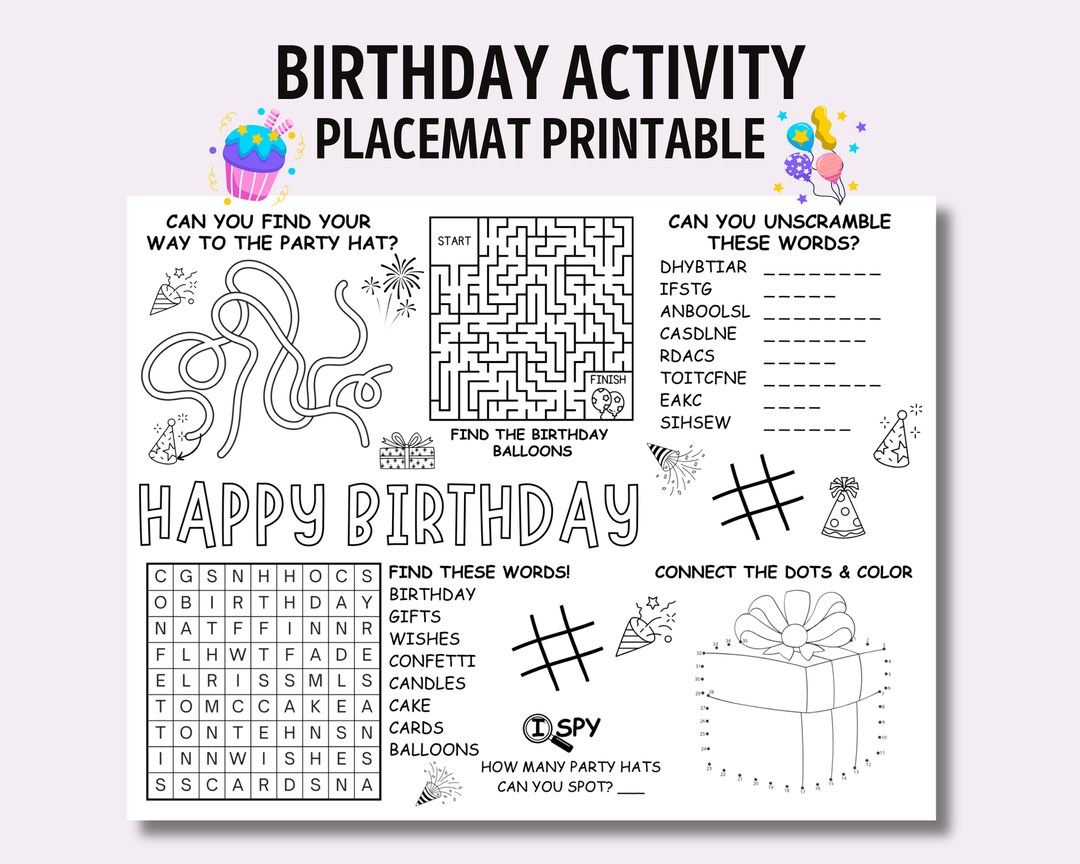 Birthday Printable Placemat Activity for Kids, Birthday Kids Activity ...