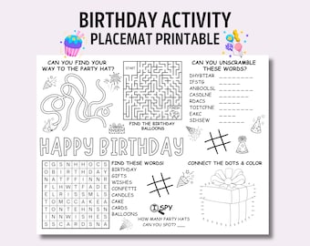 Mantel individual imprimible para actividades de cumpleaños: Página para colorear para niños (PDF)