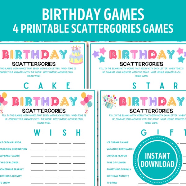 Birthday Scattergories Game | Printable Birthday Digital Download | Family Friendly Birthday Activity | Fun Game for Kids, Teens, Adults