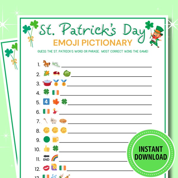 St. Patrick's Emoji Pictionary Game | Printable St. Patrick's Games | St. Patrick's Game for Adults, Teens & Kids | Saint Patrick's Fun Game