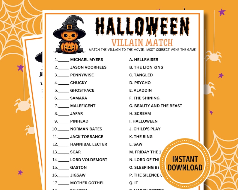 Halloween Villain Match Game: Printable Party Activity (Digital Download) image 1