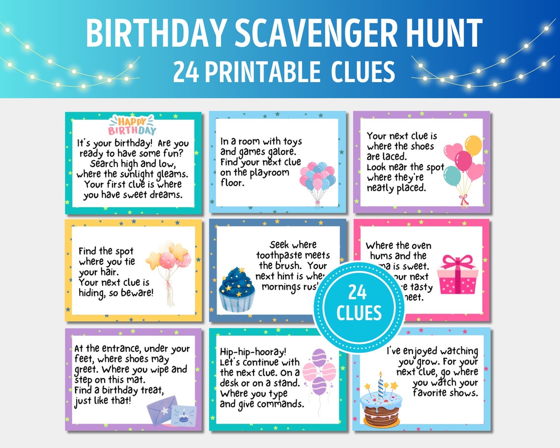 Birthday Scavenger Hunt Clues Kids Birthday Scavenger Hunt Cards丨 ...