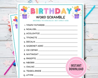Birthday Word Scramble Game | Printable Birthday Game Digital Download | Birthday Word Search Game Kids and Adults | Trivia Party Game