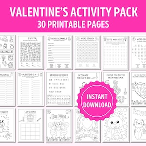 Op de afbeelding: Een printbaar Valentijnsdag-activiteitenpakket met 30 pagina's vol met spelletjes en activiteiten voor kinderen. Het pakket bevat een verscheidenheid aan activiteiten, zoals woordzoekers, stippen-naar-stippen-puzzels en kleurplaten. De activiteiten zijn allemaal Valentijnsdag-thema en bevatten schattige illustraties van harten, bloemen en andere Valentijnsdagsymbolen.