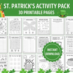 Pode incluir: Um pacote de atividades imprimíveis para o Dia de São Patrício com 30 páginas de jogos e atividades, incluindo caça-palavras, ligue os pontos, labirintos e muito mais.