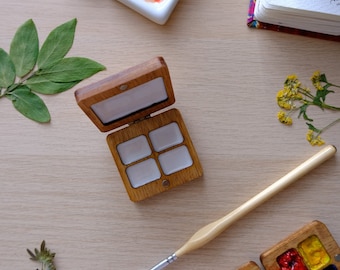 Handmade tiny portable wooden palette for watercolor 4 colors