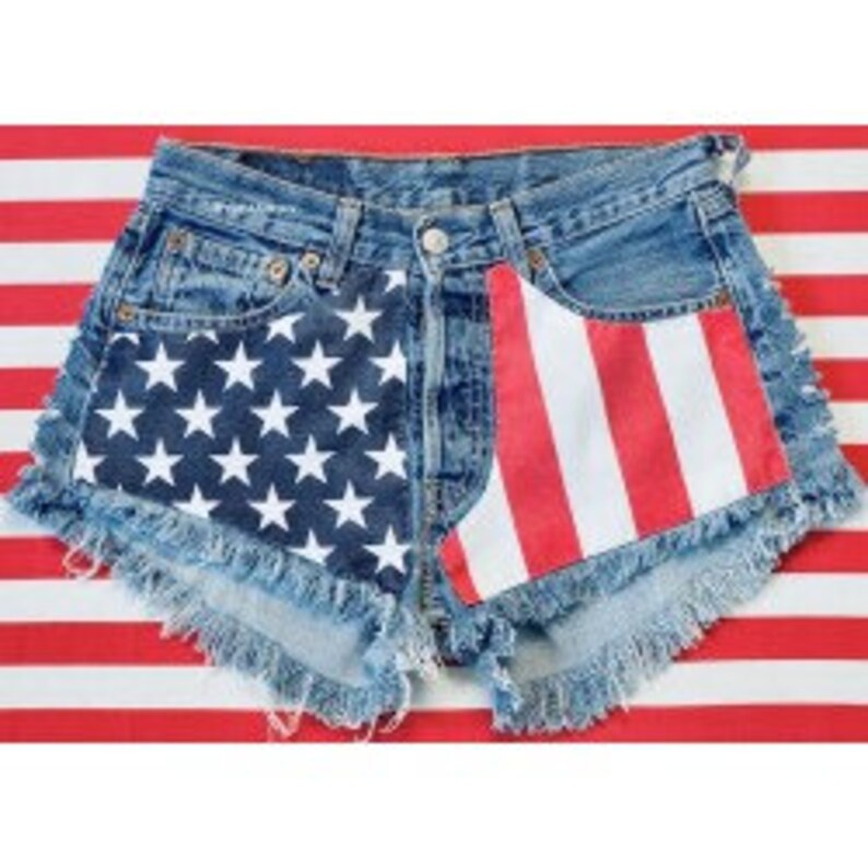American Flag Denim Frayed Jean Shorts Etsy