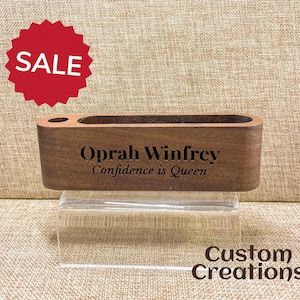 Walnut Wood Business Card and Pen Holder | Personalized Wooden Card Holder Desk Organizer | Laser Engraved Wooden Executive Office Gift
