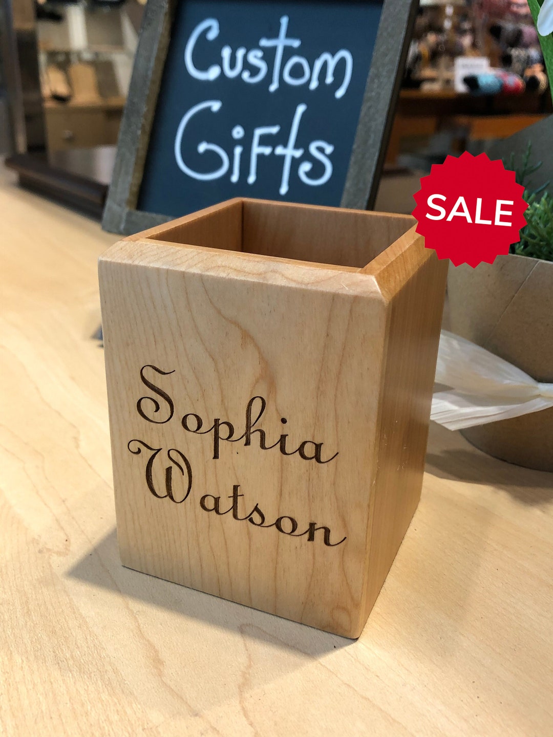 Personalized Wooden Pen Holder | Custom Laser Engraved Maple Wood Desk ...