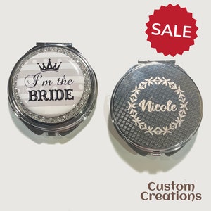 Personalized Makeup Mirror for Bridal Shower | I'm the Bride Pattern Tiara Bride Compact Mirror | Custom Back Side Engraving Pocket Mirror