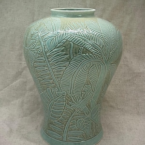 Hand Carved Botanical Ceramic Vase – Wheel Thrown, High Fired, Dishwasher Safe