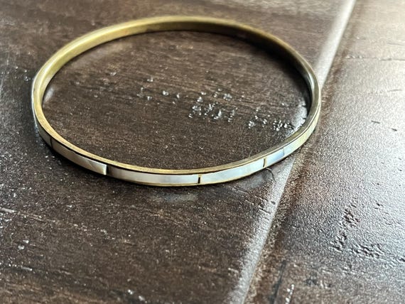 Vintage Thin Stackable Brass Bangle Bracelet MOP … - image 2